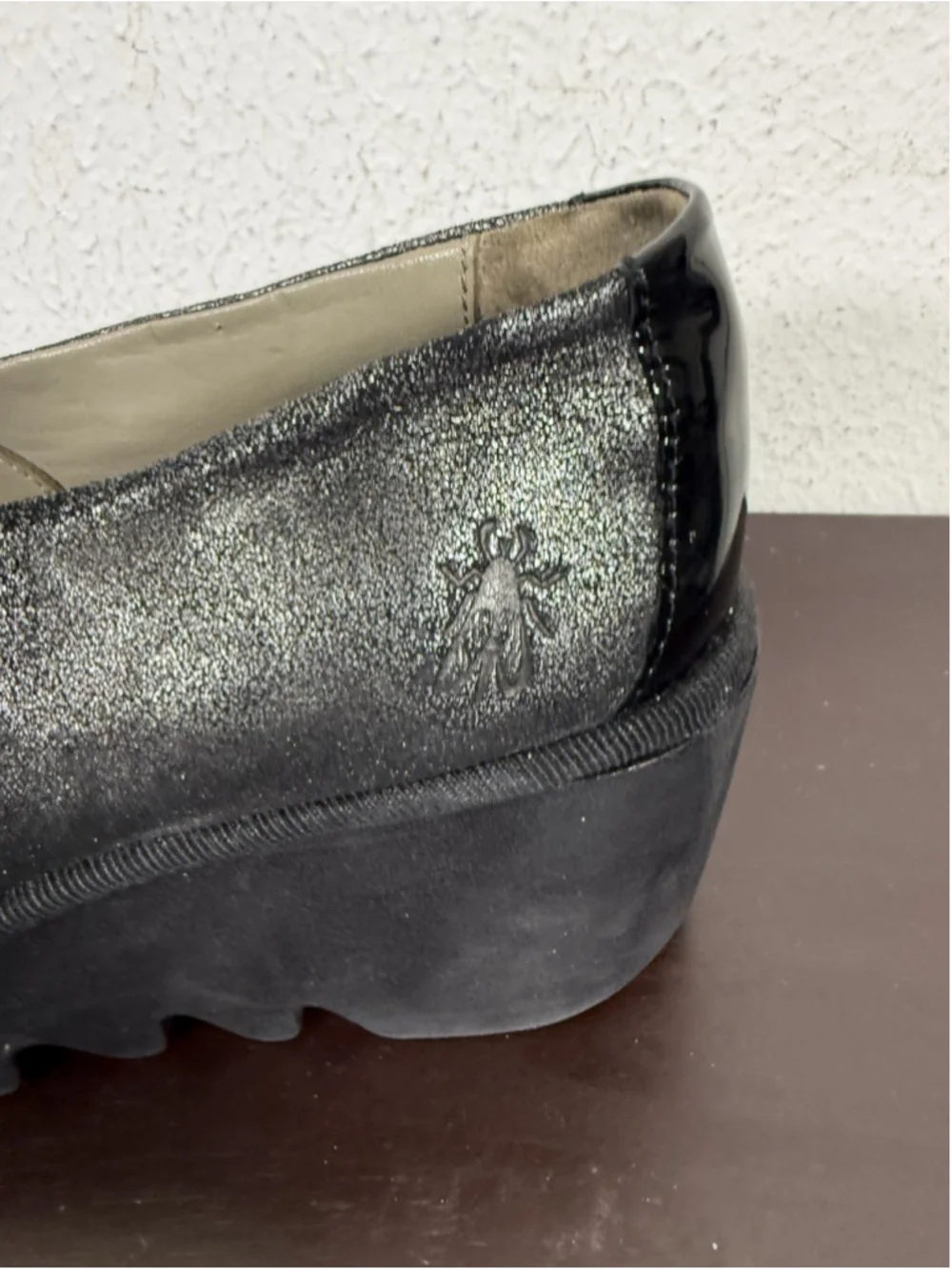Fly London Beso Metallic Black Wedges Shoes Sz 37/6.5-7 US Boho Work Preppy Chic